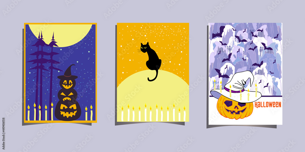 set vector cards halloween background with moon, pampkin and bats