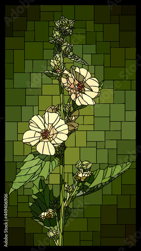 Vector vertical angular mosaic with blooming white marshmallow flowers in vertical stained glass window.