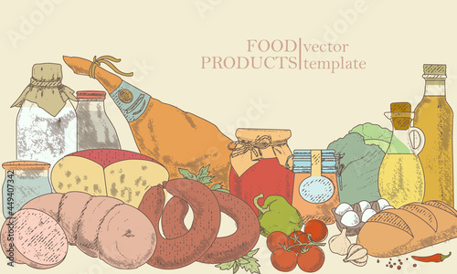 An illustration of organic food products in an engraved style. Products of the farmers market. The concept of a grocery store.