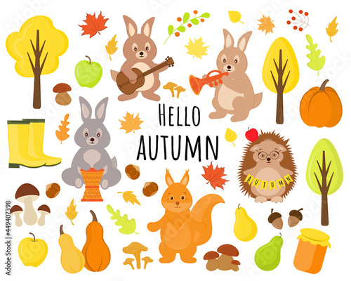 Fototapeta Naklejka Na Ścianę i Meble -  Hello autumn vector elements set with falling leaves, pumpkins, hares, squirrel, hedgehog, harvest. Childish scrapbook collection of fall season elements. Harvest time. Autumn party in the forest.