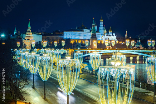 Moscow. Russia. The night Kremlin. Grand Kremlin Palace. Christmas illumination on the Kremlin embankment. Moscow is decorated for the new year. Roads of Russia. Ivan the Great Bell Tower in Moscow