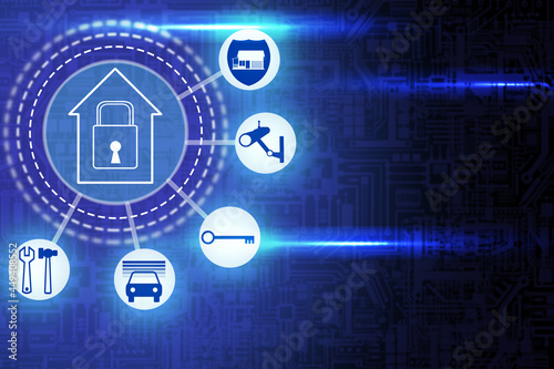 Smart house icons on pcb background. Concept - Smart house technology. Development of smart house technology. IOT home control equipment. Home security software development. Background IOT.