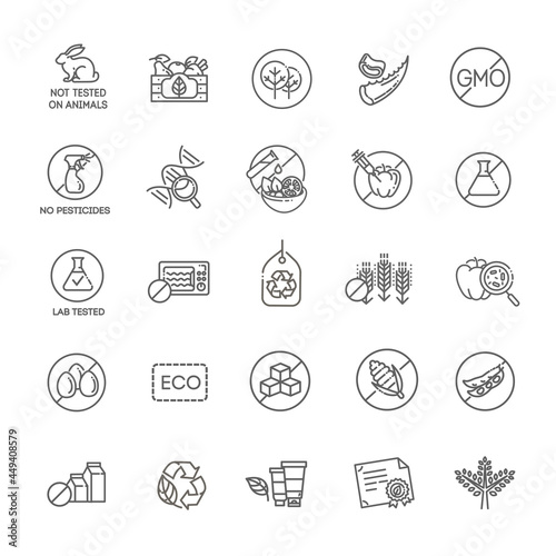 Natural food flat line icons set. Thin signs for packaging