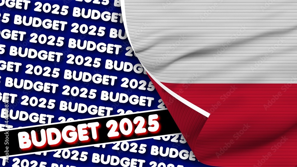 Poland Realistic Flag with Budget 2025 Title Fabric Texture Effect 3D Illustration Poland Realistic Flag with Budget 2025 Title Fabric Texture Effect 3D Illustration