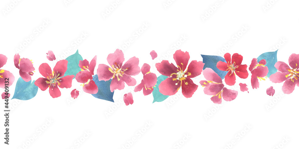 Sakura cherry blossom watercolor seamless horizontal border.
Frame decoration element. Spring flower border