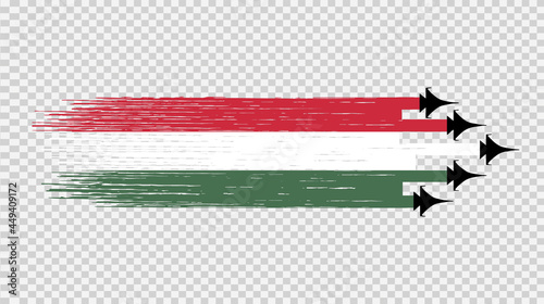 Hungary flag with military fighter jets isolated  on png or transparent ,Symbols of Hungary,template for banner,card,advertising ,promote,poster, vector,top gold medal  winner sport country