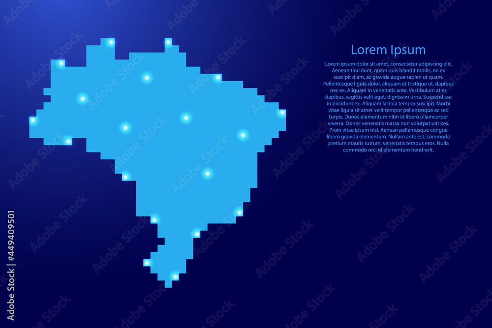 Brazil silhouette from blue square pixels and glowing stars. Vector illustration.