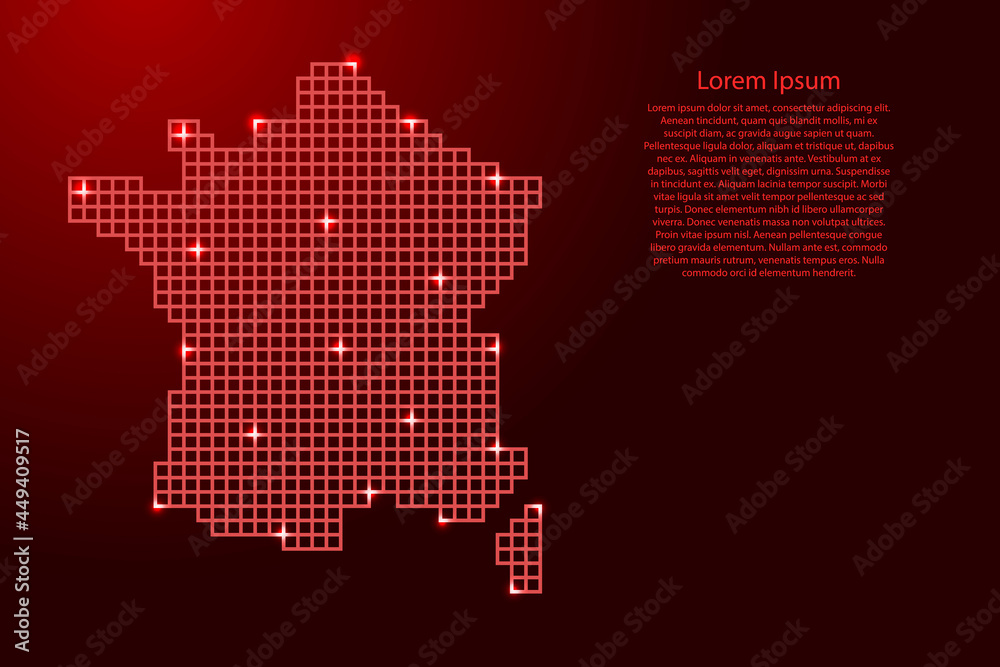 France map silhouette from red mosaic structure squares and glowing stars. Vector illustration.