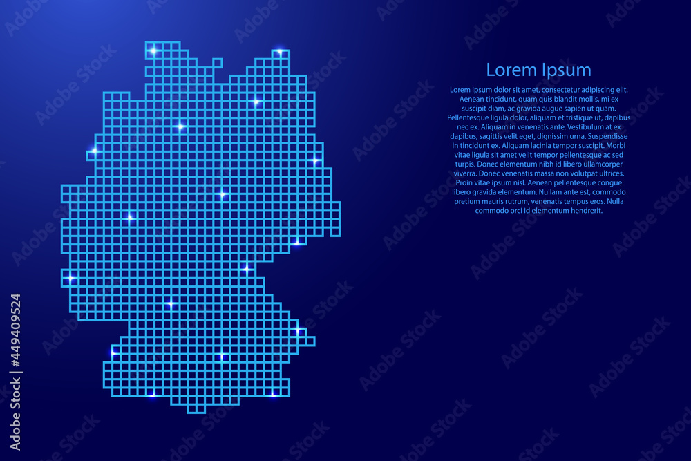 Germany map silhouette from blue mosaic structure squares and glowing stars. Vector illustration.