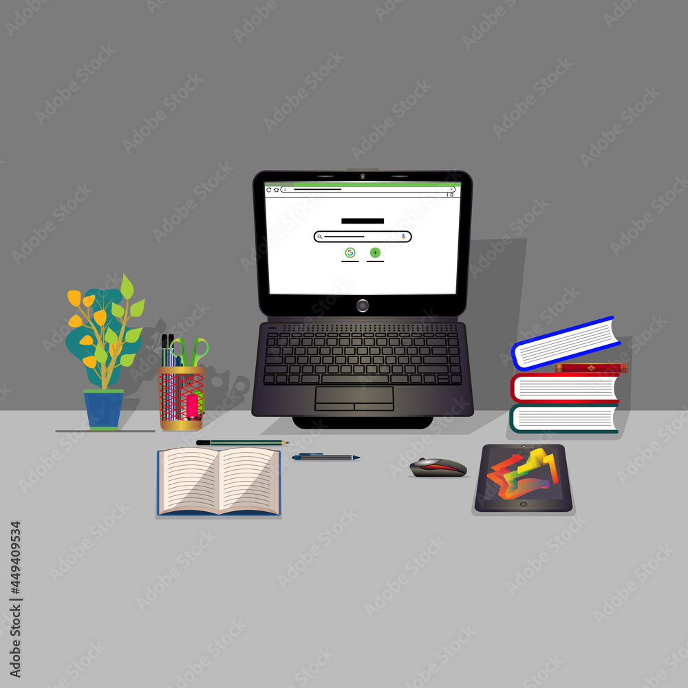 3D Web Vector Illustrations, Organized workplace for online learning. 3D Web Vector Illustrations, Organized workplace for online learning.