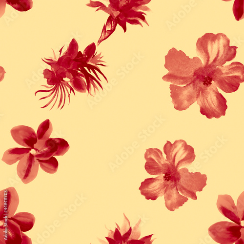 Coral Watercolor Design. Red Flower Textile. Rusty Seamless Wallpaper. Pink Hibiscus Print. Pattern Texture. Tropical Textile. Fashion Backdrop.Art Decor.