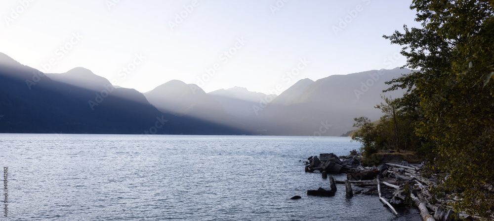 Canadian Nature Mountain Landscape Background. Sunny Evening before Sunset. View of Howe Sound, between Squamish and Vancouver, British Columbia, Canada.