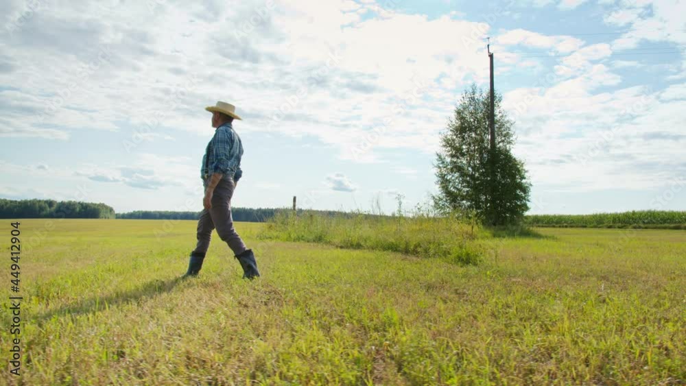 Farmer wearing straw hat, suspenders and rubber boots walking in mown field. Side view of gardener working in farmland. Harvest time concept. Man walks around plantation after farming work. Farmer wearing straw hat, suspenders and rubber boots walking in mown field. Side view of gardener working in farmland. Harvest time concept. Man walks around plantation after farming work.