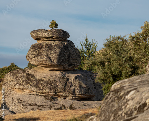 Huge boulder with tree on top, long shot