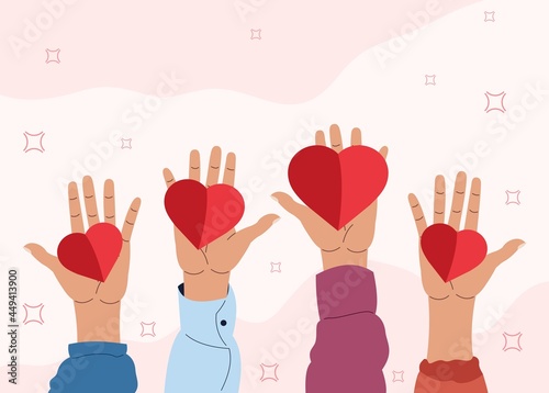 charity illustration, people help, heart symbol in hand