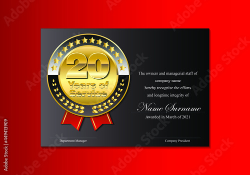 recognition certificate, serving the company for 20 years.