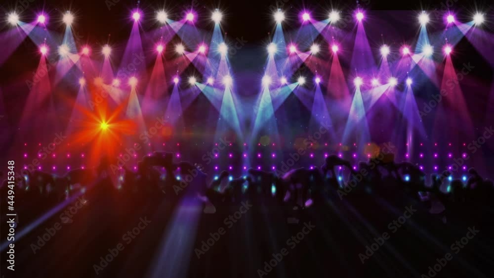 Digital animation of colorful shining lights over silhouette of people dancing