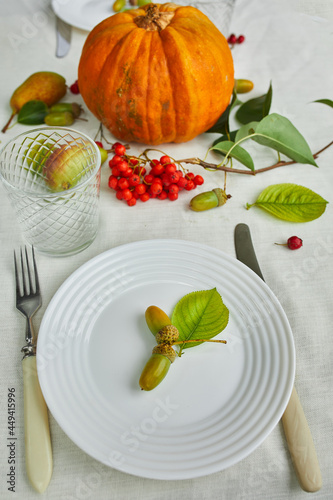 Thanksgiving Day or Halloween dinner table place setting decorative with pumpkin, acorns, pears leaves on white tablecloth background, view from above, top view, flat lay..
