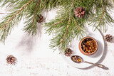 Sweet pine cone jam. Traditional Siberian dessert, fresh evergreen branches