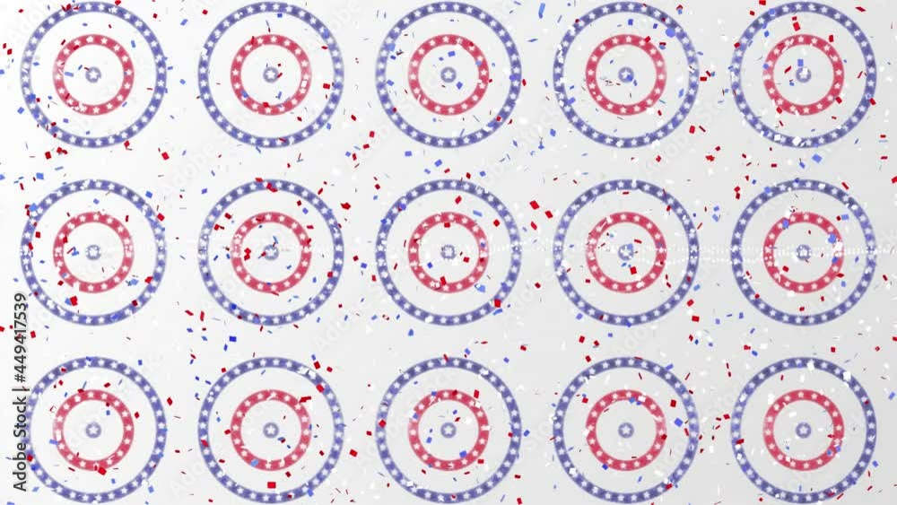 Confetti falling over multiple stars on spinning circles against grey background Confetti falling over multiple stars on spinning circles against grey background