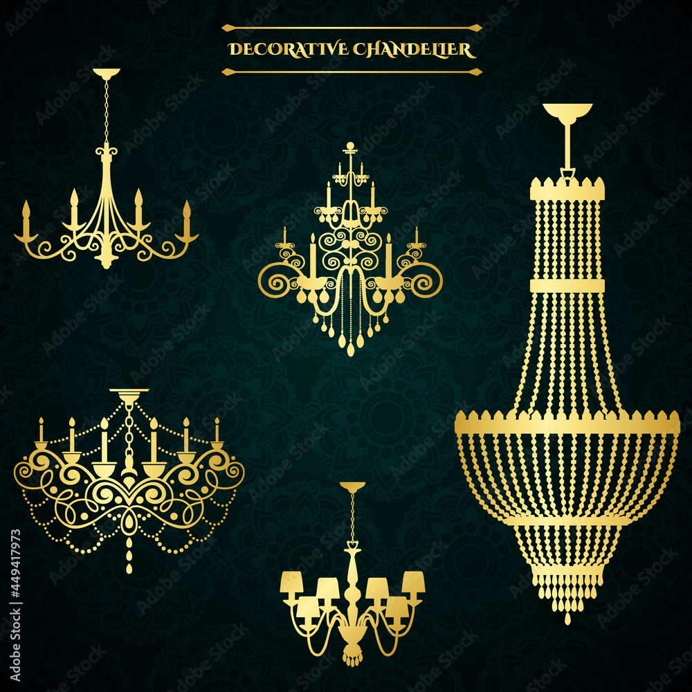 Golden chandelier set on decorated green background. Vector