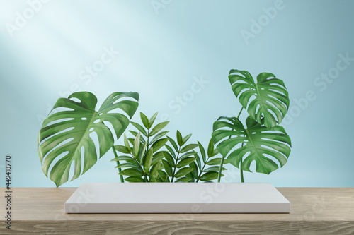Cosmetic display product stand  White block on wood baord with green leaf background. 3D rendering illustration