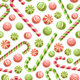 Vector Candy Seamless Pattern, square repeating fruit candies background for child textile, poster with cut out illustrations of different cute gummies and christmas candy canes on white background.