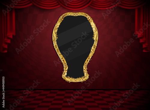 Wonderland background. Red checkered room with a golden mirror frame and curtains.