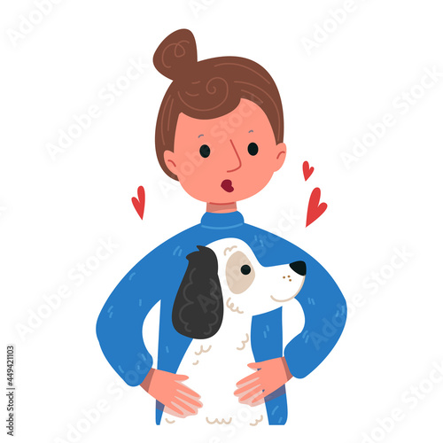 Cute cartoon girl and dog. A young retriever with a black ear. Vector illustration in children s style. Isolated funny clipart on a white background. Cute woman and pet mistress print