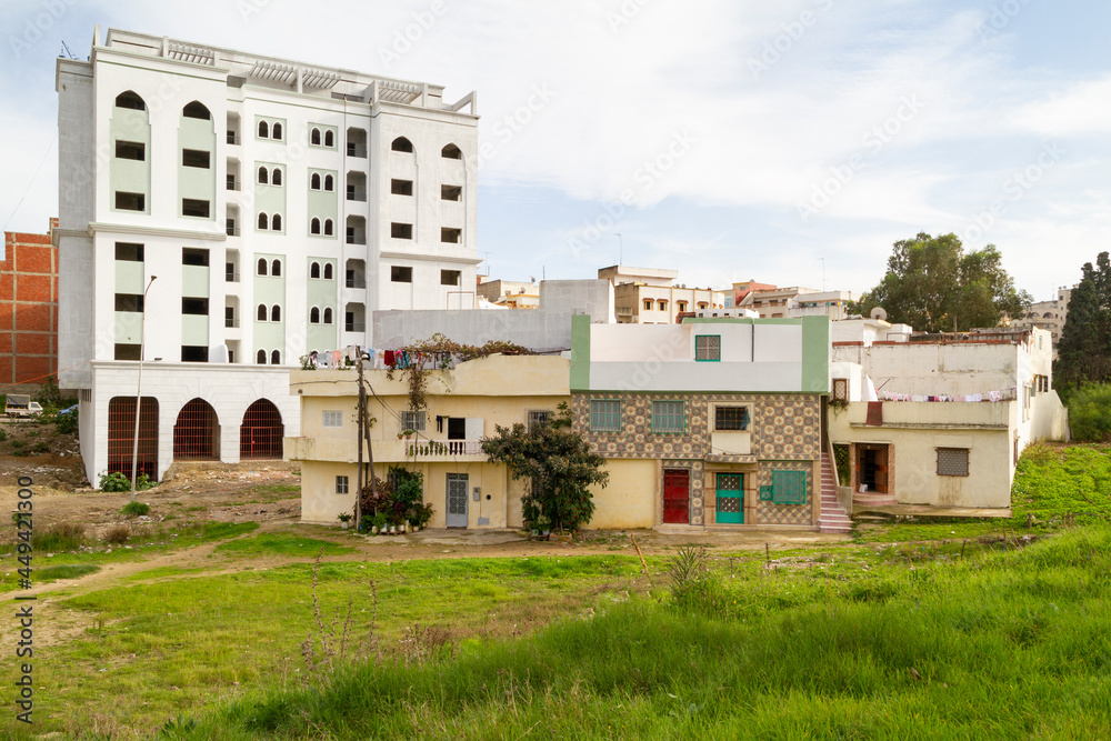 Facades of Islamic-style buildings on the outskirts of Tangier in Morocco Facades of Islamic-style buildings on the outskirts of Tangier in Morocco