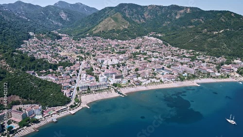 Aerial view of Icmeler city with hotels and beach in Marmaris bay, vacation in Turkey