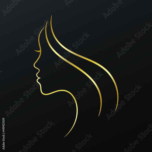 Female golden face profile sketch on black background, vector