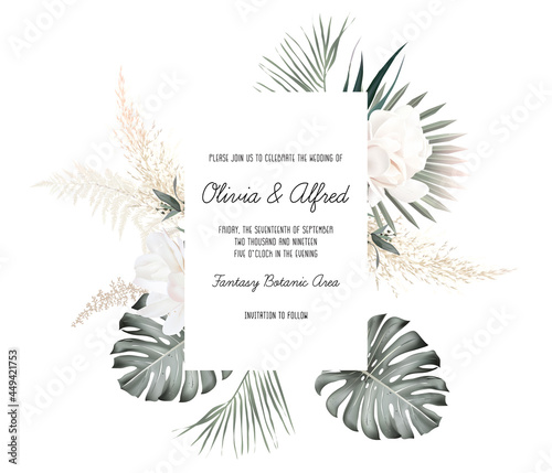 Tropical elegant pastel frame arranged from exotic and dried palm leaves
