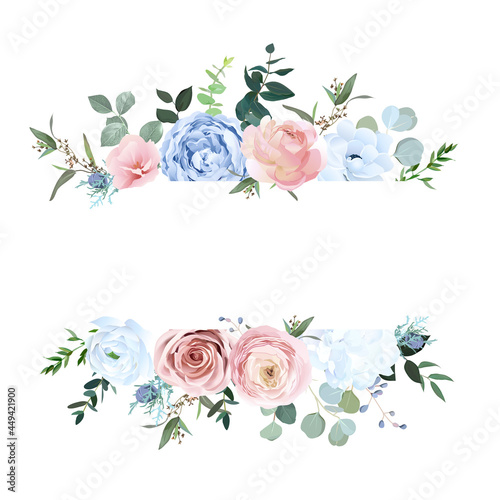 Dusty blue and pale blush rose, white hydrangea, ranunculus, eucalyptus