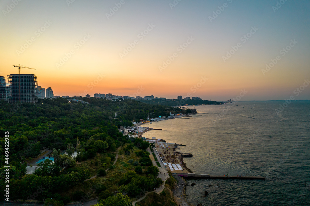 Aerial view of the Black Sea coast at sunset, Odessa, Ukraine