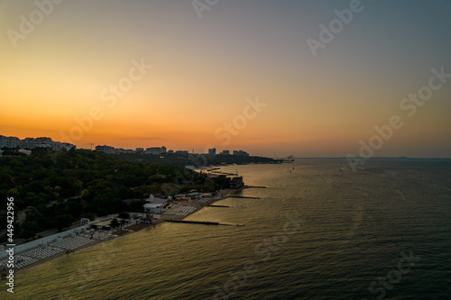 Aerial view of the Black Sea coast at sunset, Odessa, Ukraine