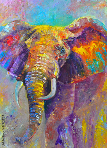 Original oil painting. Drawn multi-colored elephant. Contemporary painting. Painting on canvas.