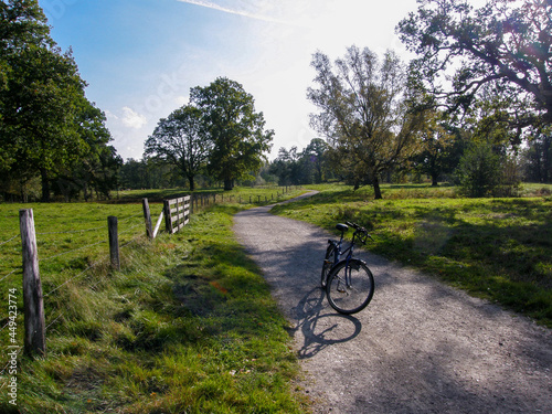 Bicycle on path along green field in countryside of Varnamo, Sweden photo