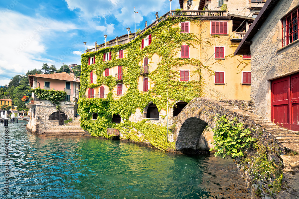 Town of Nesso historic stone bridge and waterfront on Como Lake