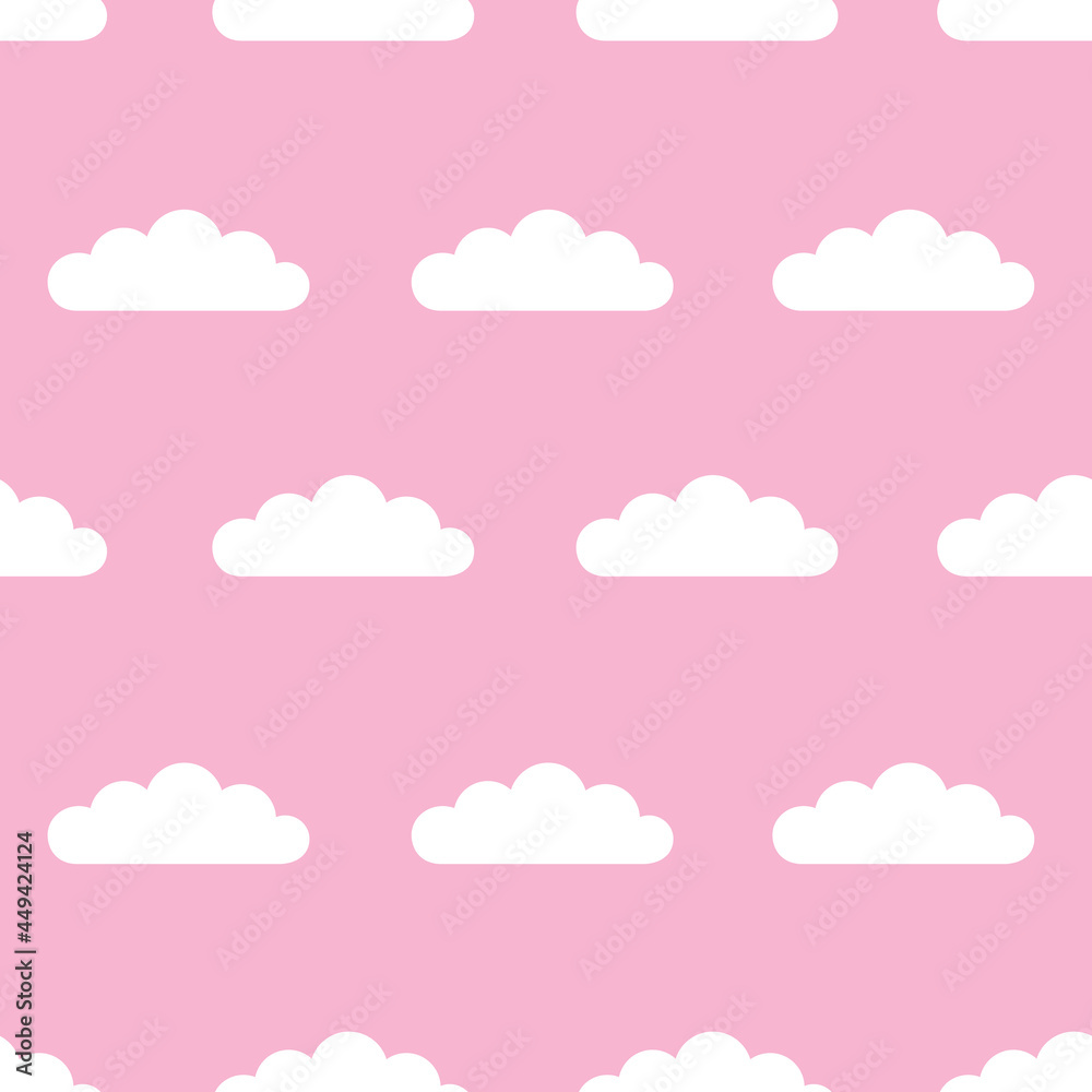 Clouds seamless pattern. White clouds on pink background, vector flat pattern.