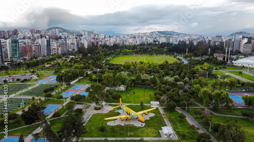A drone shot of Carolina Park and surrounding high-rises in Quito, Ecuador