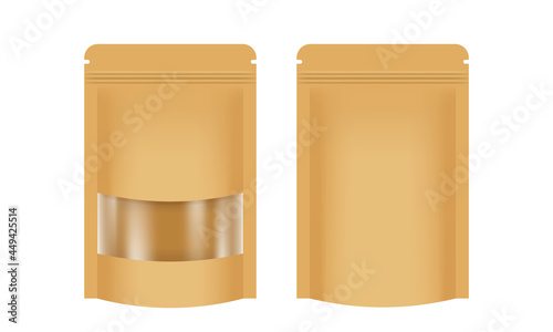 zipper paper bag brown packaging with transparent window label, coffee bag paper kraft brown, paper bag for mock-up branding and food product container, 3d illustration