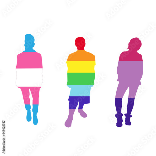 Male representatives of LGBT community as Bisexual, Homosexual and Transgender on white isolated background, vector silhouettes of LGBT colored people, concept of LGBT rights, Diversity, Solidarity.