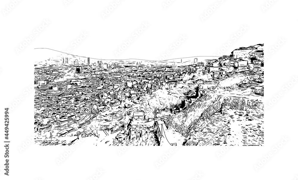 Building view with landmark of İzmir is the 
city in Turkey. Hand drawn sketch illustration in vector.
