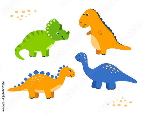 Cute cartoon dinosaur set. Hand-drawn dinos for kid. Children vector illustration . 