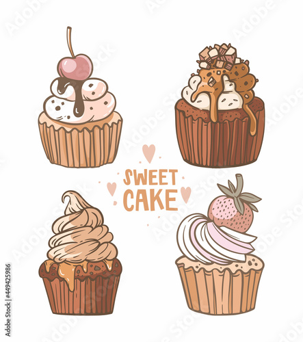 Set of hand-drawn illustrations  vector graphics. Cupcake with cherries  strawberries  cream  chocolate ganache  caramel. Beautifully decorated holiday desserts. Sweet cupcake lettering and pastries.
