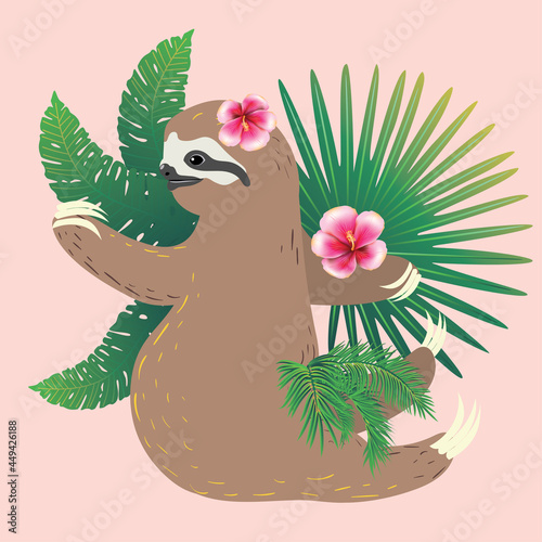 Yoga sloth with tropic plants