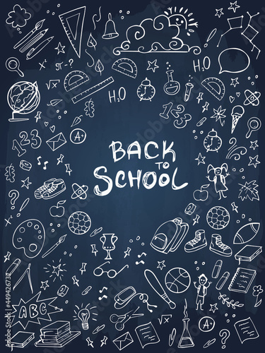Back to School banner on chalkboard. Doodles icons of education, science objects, office supplies and lettering Back to School on chalckboard. Vector illustration.