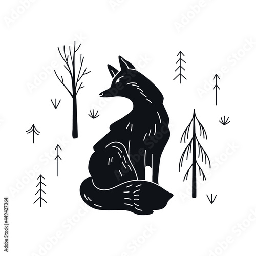 Black and white vector illustration of a fox sitting in a woods.