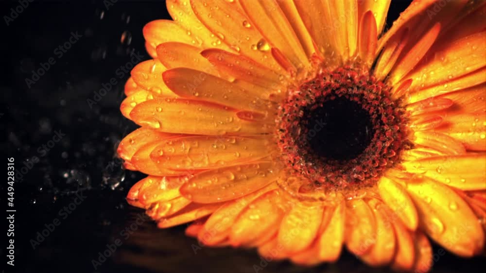 Super slow motion on the flower gerber falls water with splashes. Filmed on a high-speed camera at 1000 fps.On a black background. High quality FullHD footage Super slow motion on the flower gerber falls water with splashes. Filmed on a high-speed camera at 1000 fps.On a black background. High quality FullHD footage